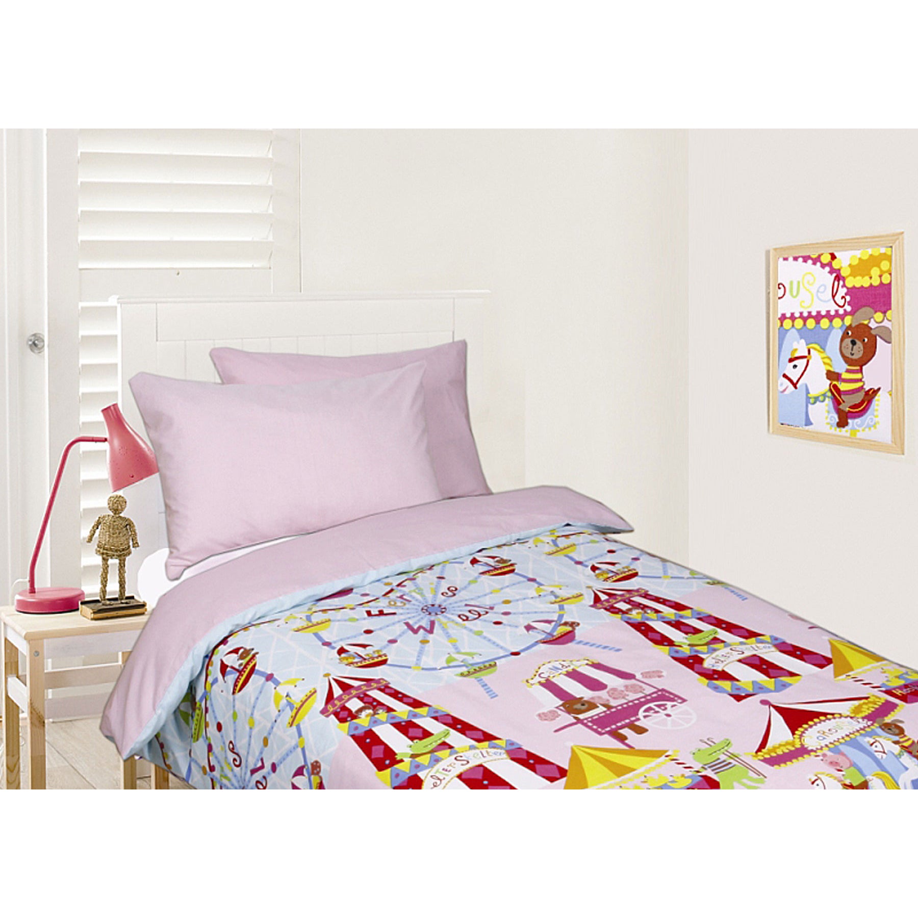 Happy Kids Glow in the Dark Quilt Cover Set in Funfair Pink, featuring soft polyester fabric and playful designs for children's bedrooms.