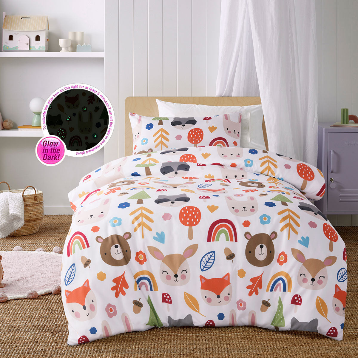 Happy Kids Glow in the Dark Rainbow Forest Quilt Cover Set featuring vibrant animal and foliage designs in multiple colors.