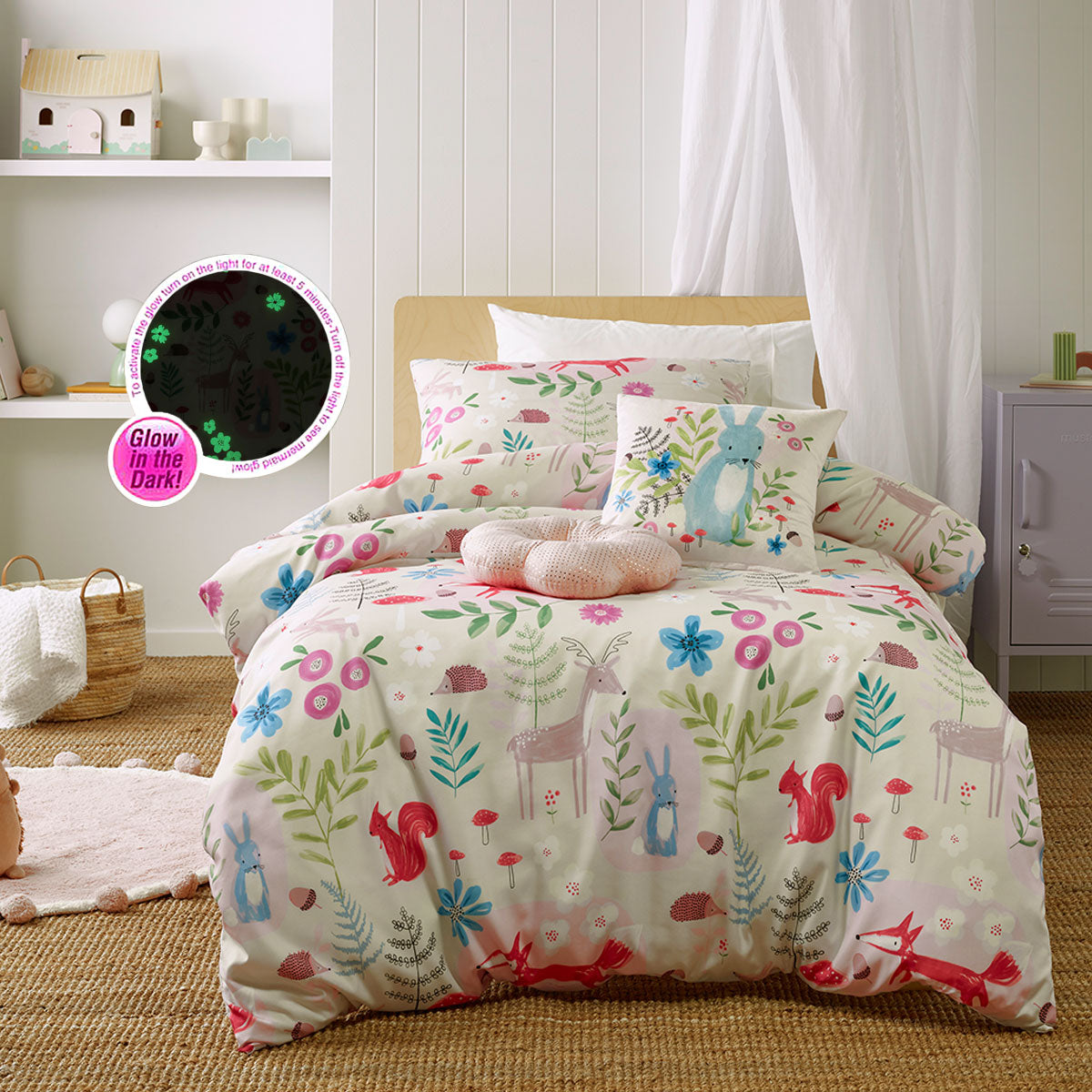Happy Kids Glow in the Dark Woodland Park Quilt Cover Set featuring vibrant animal and foliage designs in multiple colors.