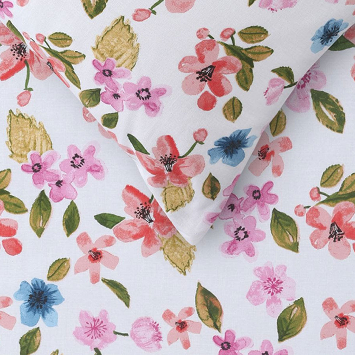 Happy Kids Habitat Printed Cotton Fitted Sheet with floral design and matching pillowcases in vibrant colors.