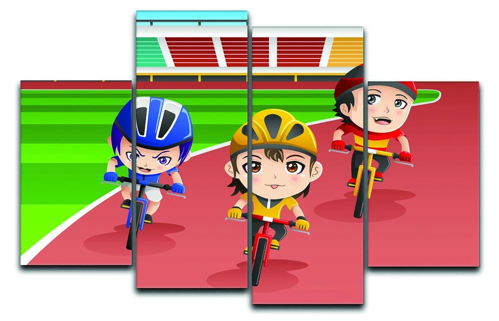 A vibrant 4-panel canvas artwork depicting happy kids racing bicycles, perfect for children's rooms.