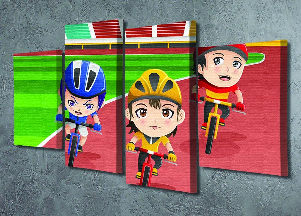 A vibrant 4-panel canvas artwork depicting happy kids racing bicycles, perfect for children's rooms.