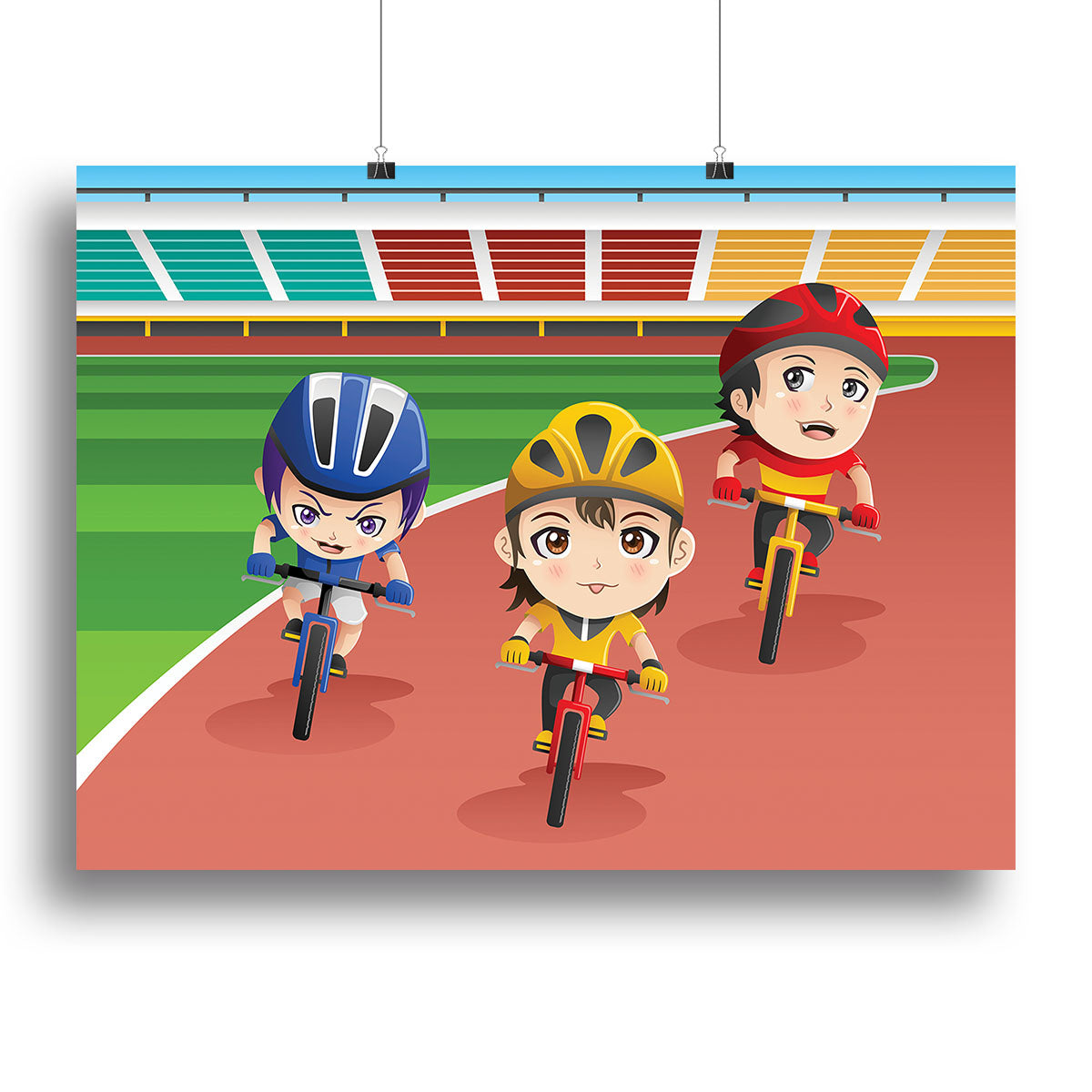 A vibrant canvas print featuring happy children racing bicycles, capturing the joy of childhood in a colorful design.