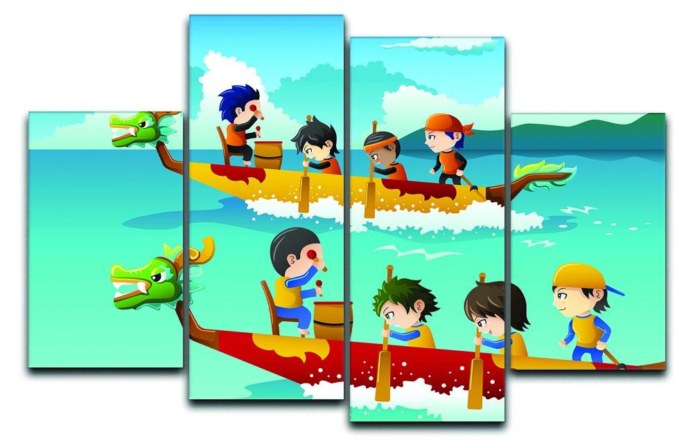 A colorful 4-panel canvas artwork depicting happy children racing in boats, perfect for children's rooms.