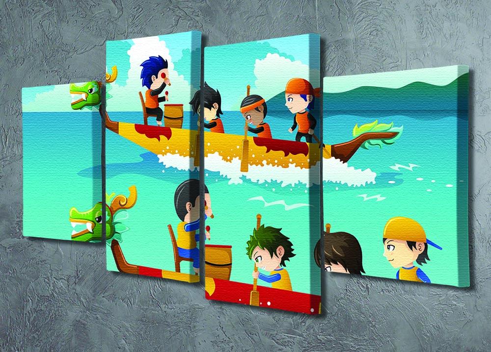 A colorful 4-panel canvas artwork depicting happy children racing in boats, perfect for children's rooms.