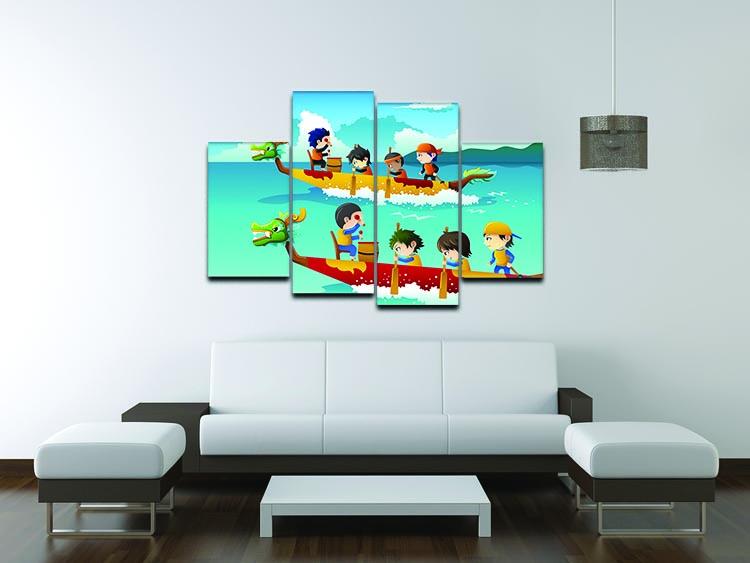 A colorful 4-panel canvas artwork depicting happy children racing in boats, perfect for children's rooms.
