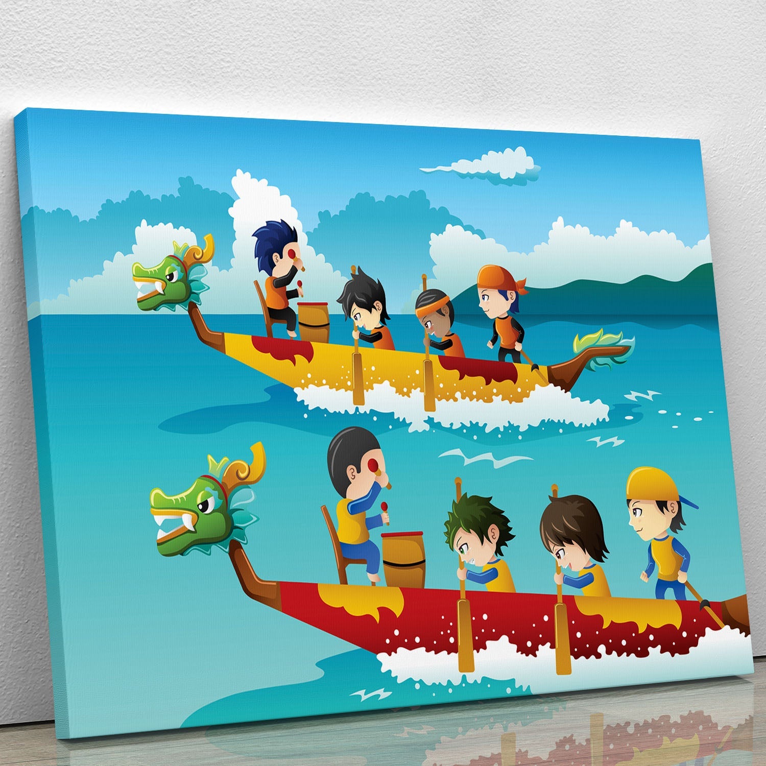 A vibrant canvas print or poster featuring happy kids racing in colorful boats, perfect for children's rooms or playful decor.
