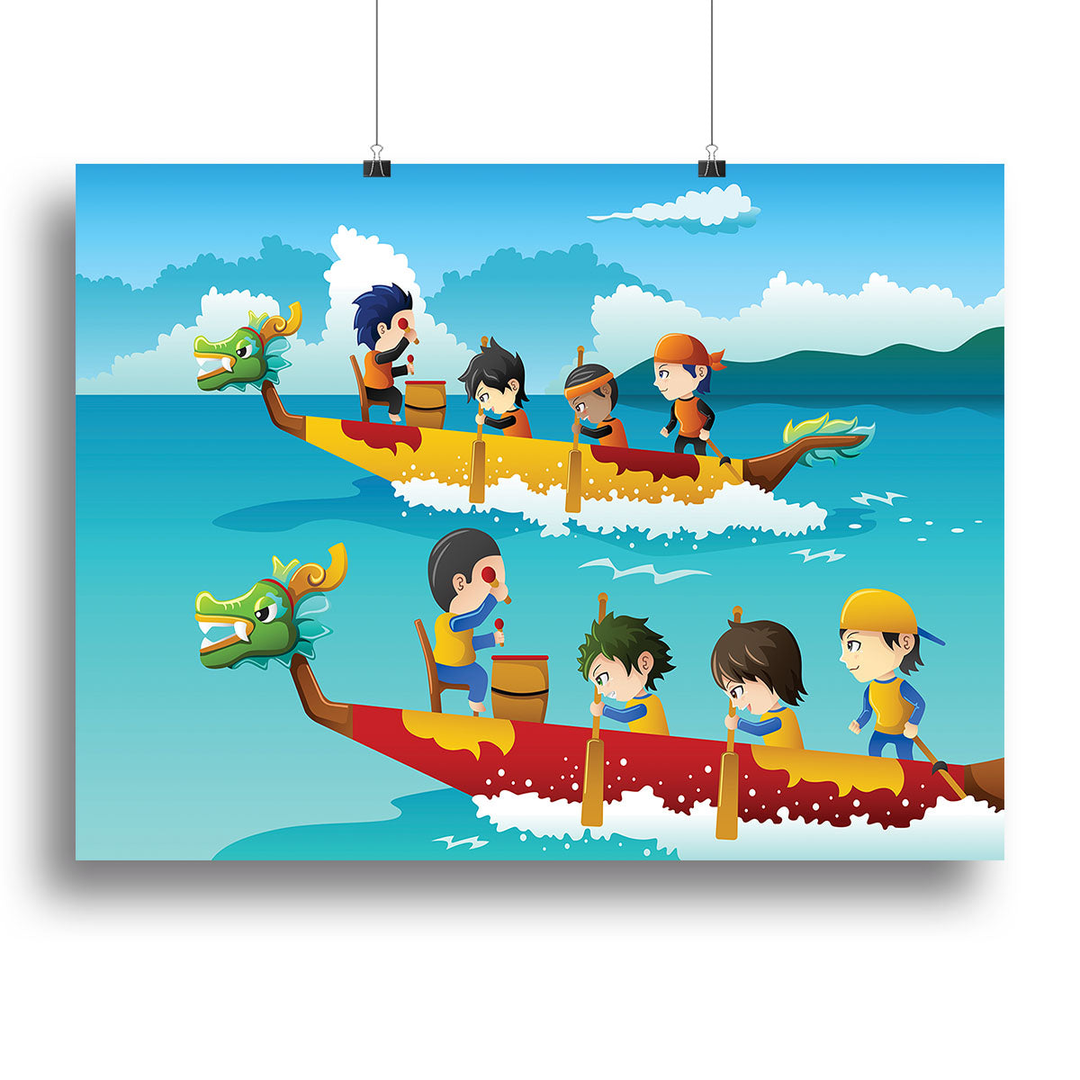 A vibrant canvas print or poster featuring happy kids racing in colorful boats, perfect for children's rooms or playful decor.
