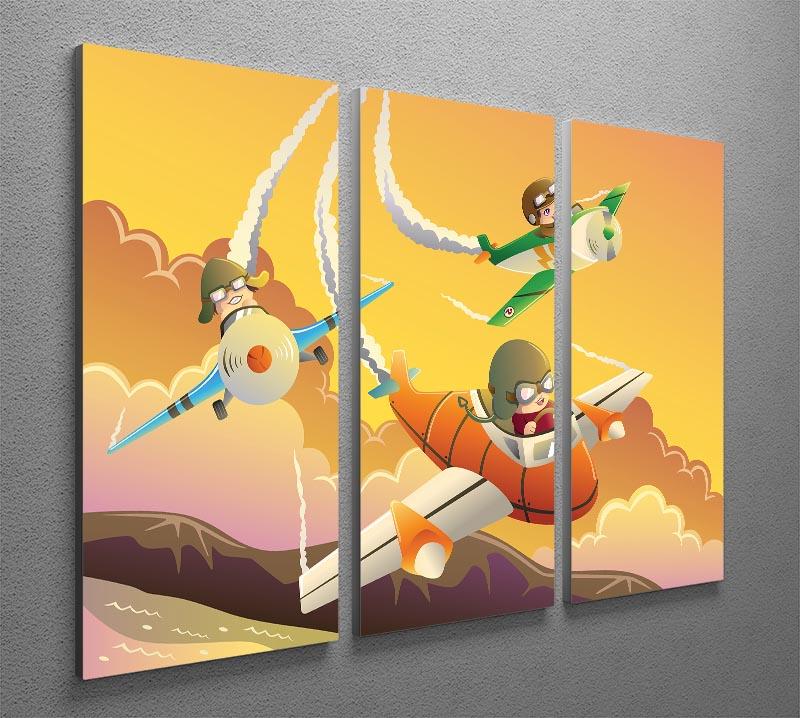 A vibrant 3-panel canvas print depicting happy kids racing colorful airplanes, perfect for children's rooms.