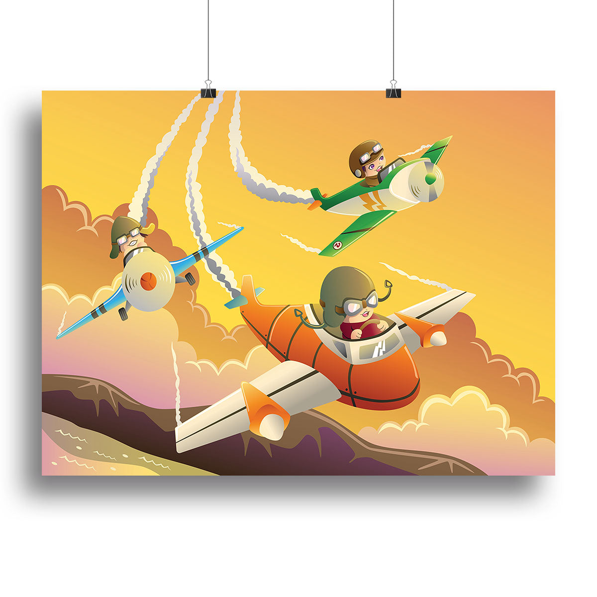 A colorful canvas print featuring happy kids racing in airplanes, perfect for children's rooms.