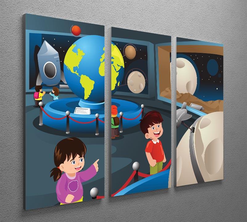 A vibrant 3-panel canvas print depicting happy kids on a field trip to a planetarium, showcasing colorful artwork that adds joy to any space.