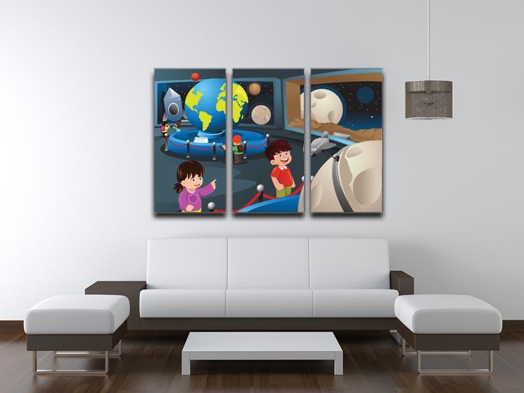 A vibrant 3-panel canvas print depicting happy kids on a field trip to a planetarium, showcasing colorful artwork that adds joy to any space.