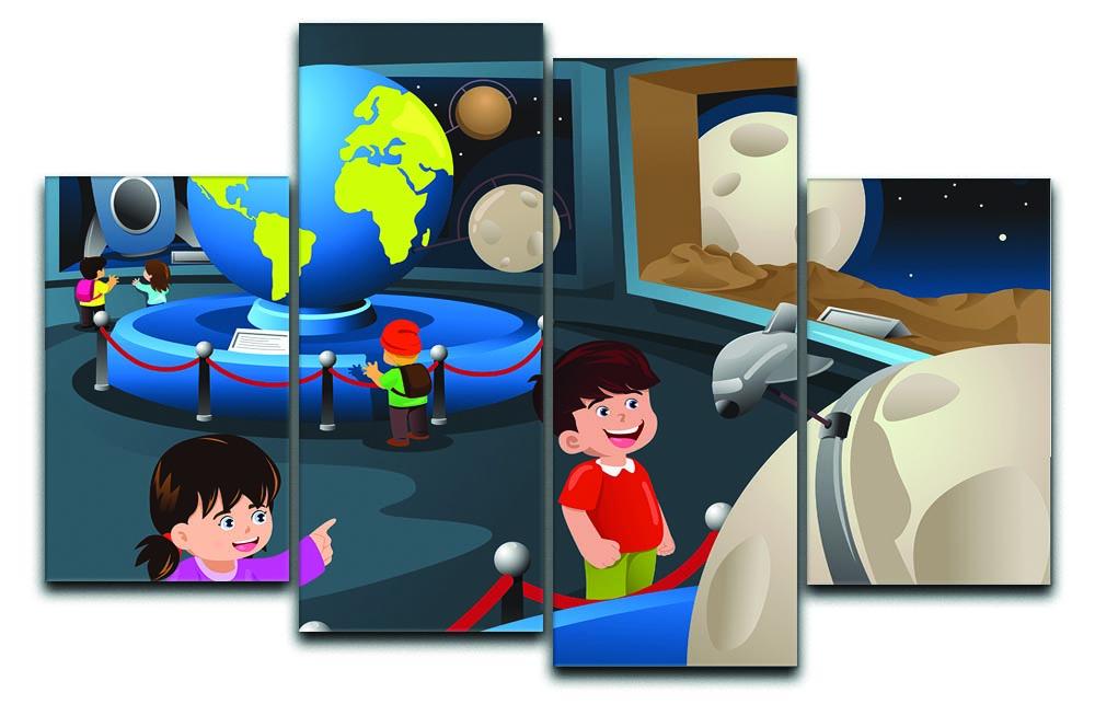 A colorful 4-panel canvas artwork depicting happy kids on a field trip to a planetarium, showcasing vibrant colors and playful imagery.