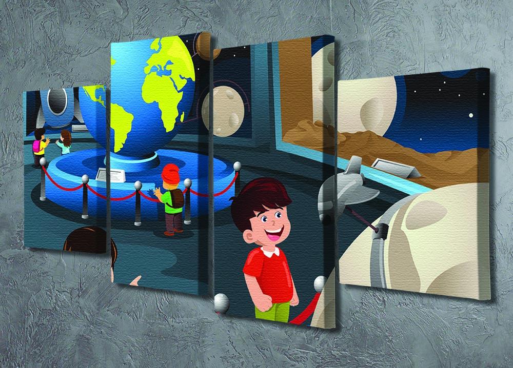 A colorful 4-panel canvas artwork depicting happy kids on a field trip to a planetarium, showcasing vibrant colors and playful imagery.