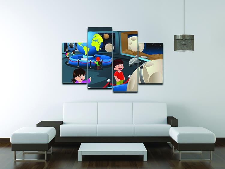 A colorful 4-panel canvas artwork depicting happy kids on a field trip to a planetarium, showcasing vibrant colors and playful imagery.