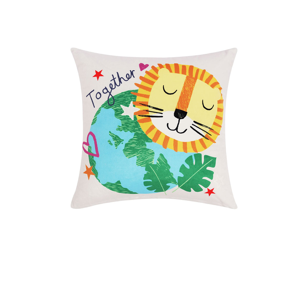 Happy Kids Our Planet Filled Square Cushion featuring a colorful Earth and lion head design, perfect for children's bedroom decor.