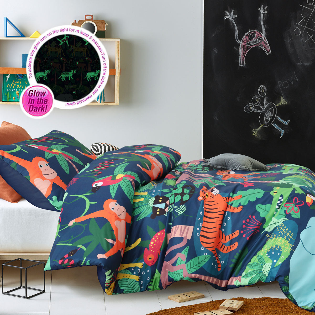 Happy Kids Rainforest Glow in the Dark Quilt Cover Set featuring vibrant colors and playful rainforest design, perfect for children's bedrooms.
