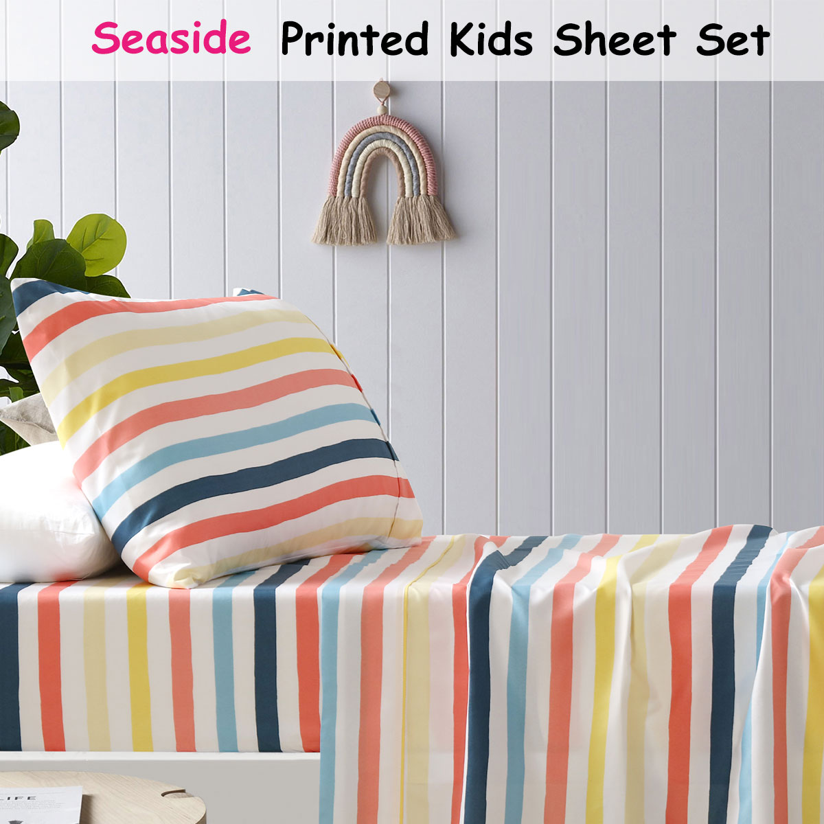 Happy Kids Seaside Kids Printed Sheet Set featuring colorful stripes design, perfect for children's bedrooms.