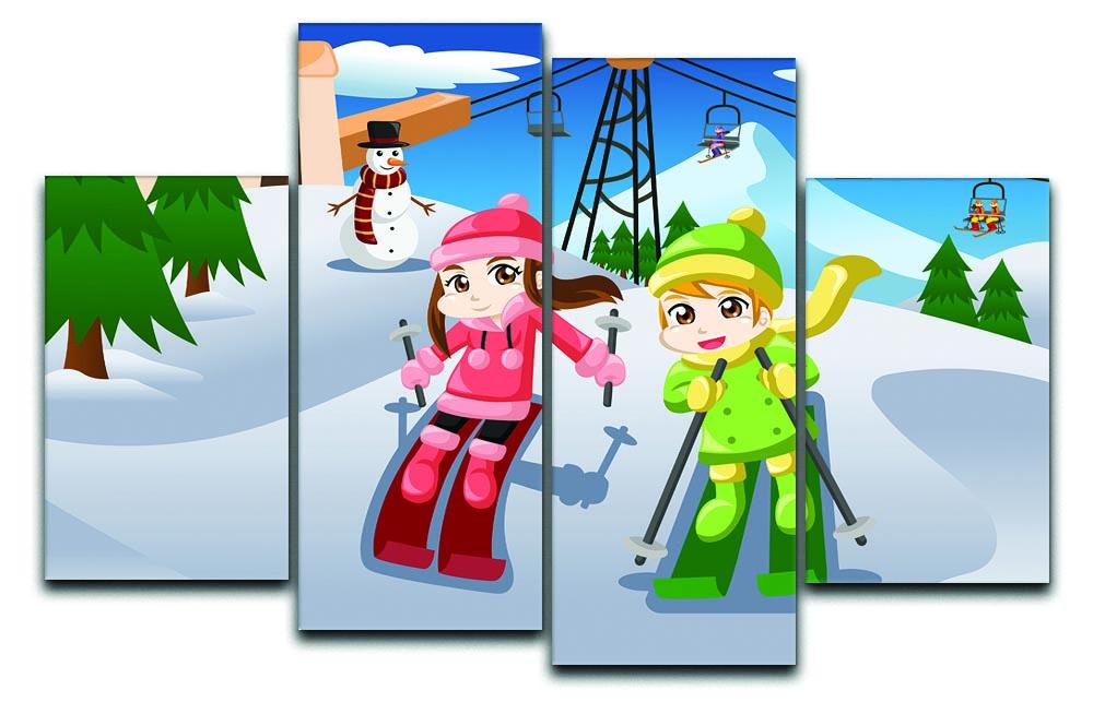 A vibrant 4-split canvas artwork depicting happy kids skiing together, showcasing a dynamic and playful winter scene.