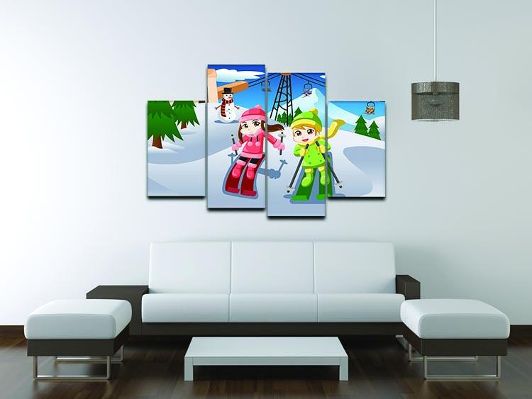 A vibrant 4-split canvas artwork depicting happy kids skiing together, showcasing a dynamic and playful winter scene.
