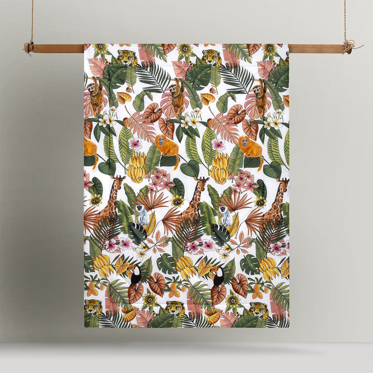 Happy Kids Taronga Digital Printed Comforter Set featuring vibrant botanical and animal designs in multiple colors, perfect for children's bedrooms.