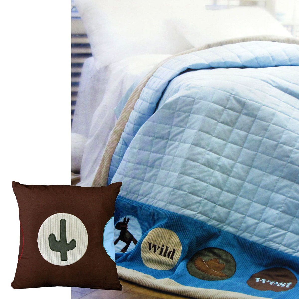 Happy Kids Wild Wild West Blue Embroidered Comforter featuring horse and cowboy hat designs, with a bonus cushion, perfect for children's bedrooms.
