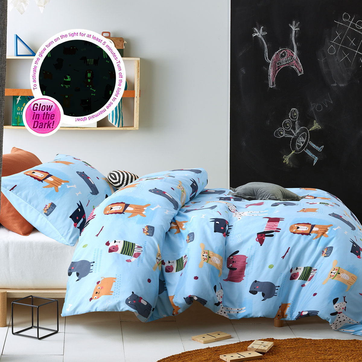 Happy Kids Woof Glow in the Dark Quilt Cover Set featuring playful designs in multiple colors, perfect for children's bedrooms.