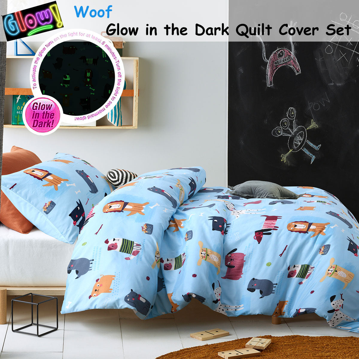 Happy Kids Woof Glow in the Dark Quilt Cover Set featuring playful designs in multiple colors, perfect for children's bedrooms.