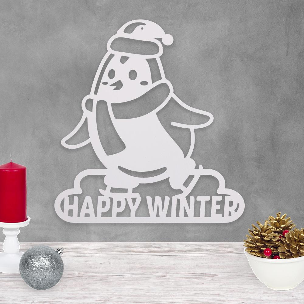 Happy Winter Penguin metal wall art, featuring a cheerful skating penguin design, made from durable steel with a vibrant finish.