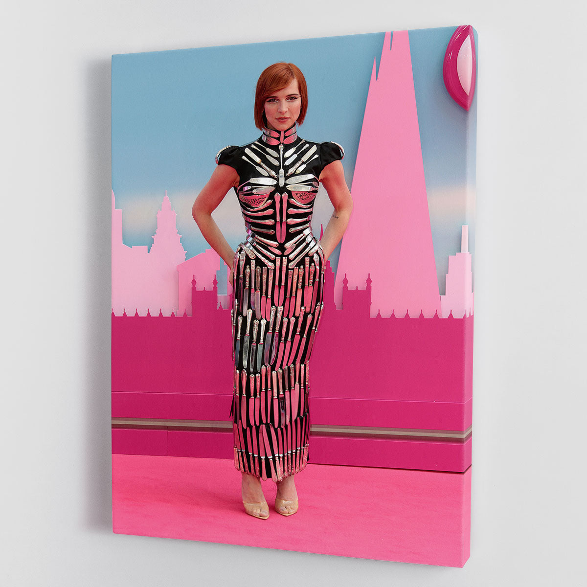 Canvas print of Hari Nef at the Barbie premiere, showcasing vibrant colors and modern art style.
