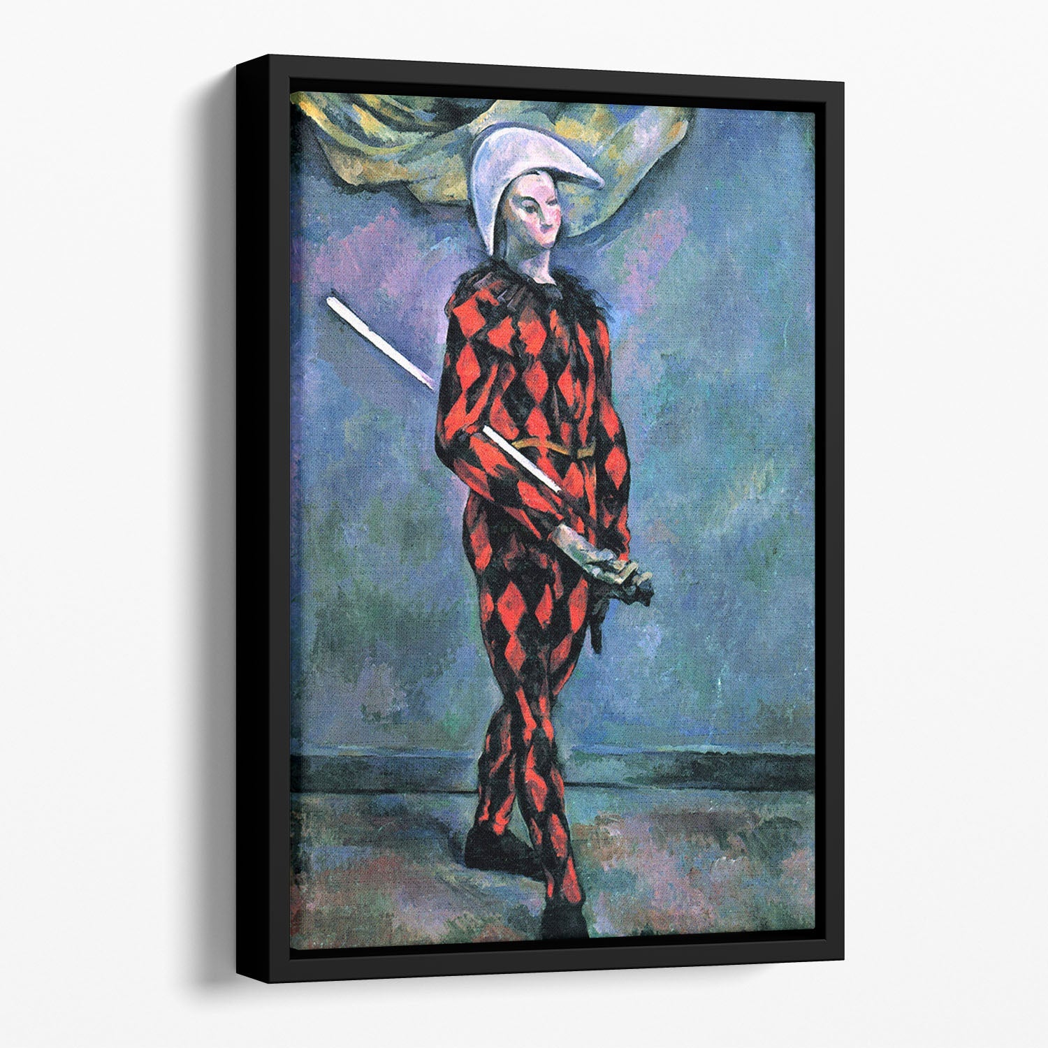 Harlequin by Cezanne Floating Framed Canvas featuring vibrant abstract colors in a handcrafted wooden frame.