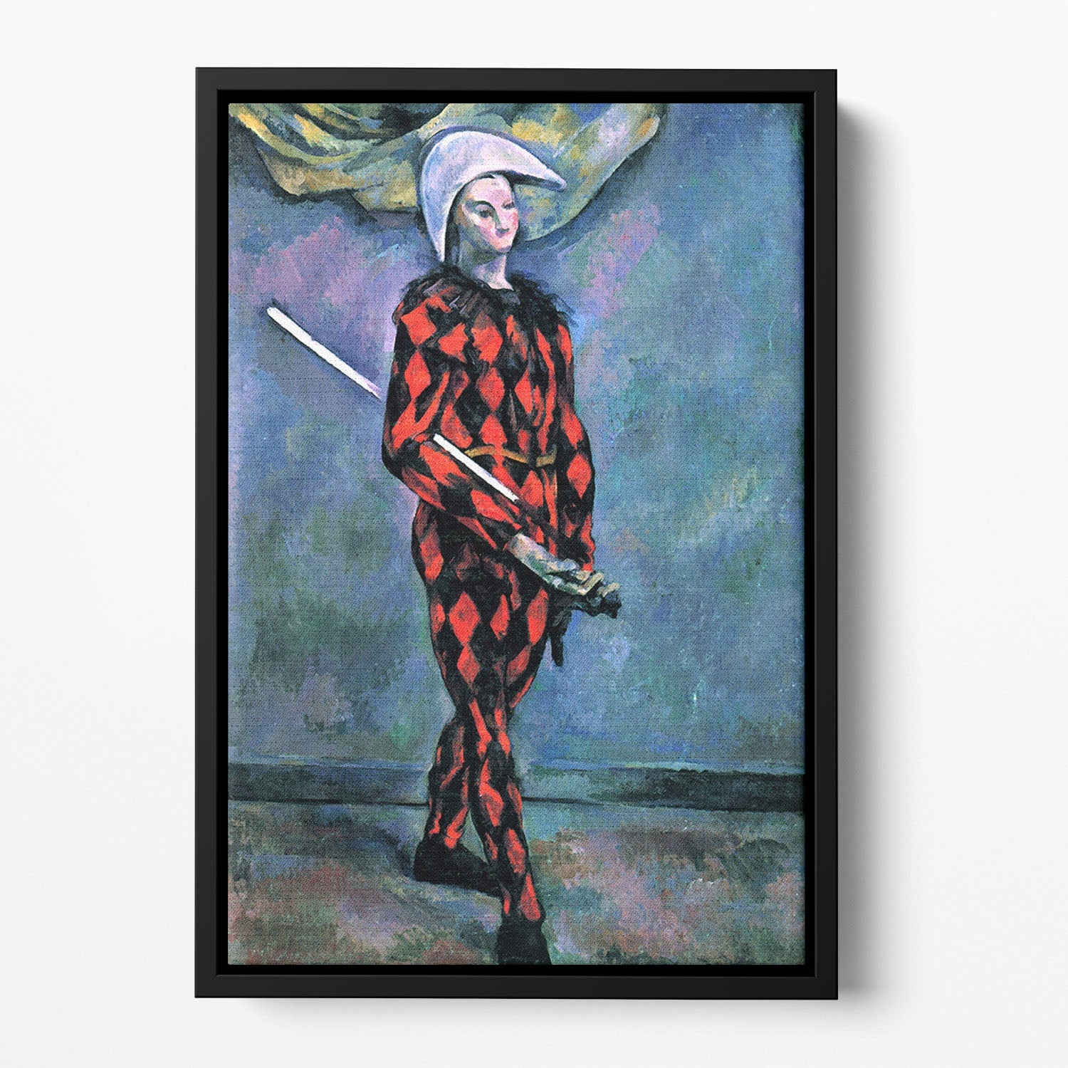 Harlequin by Cezanne Floating Framed Canvas featuring vibrant abstract colors in a handcrafted wooden frame.