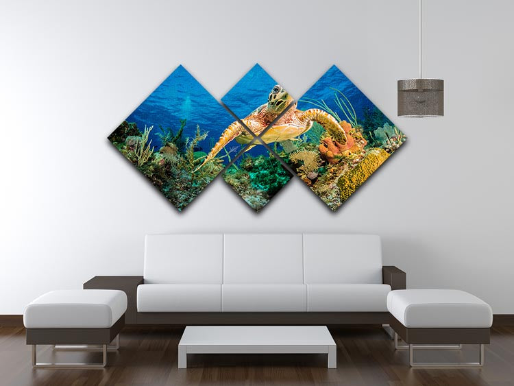 A vibrant 4-square canvas artwork depicting a Hawksbill turtle swimming through a colorful Caribbean reef, showcasing marine life beauty.