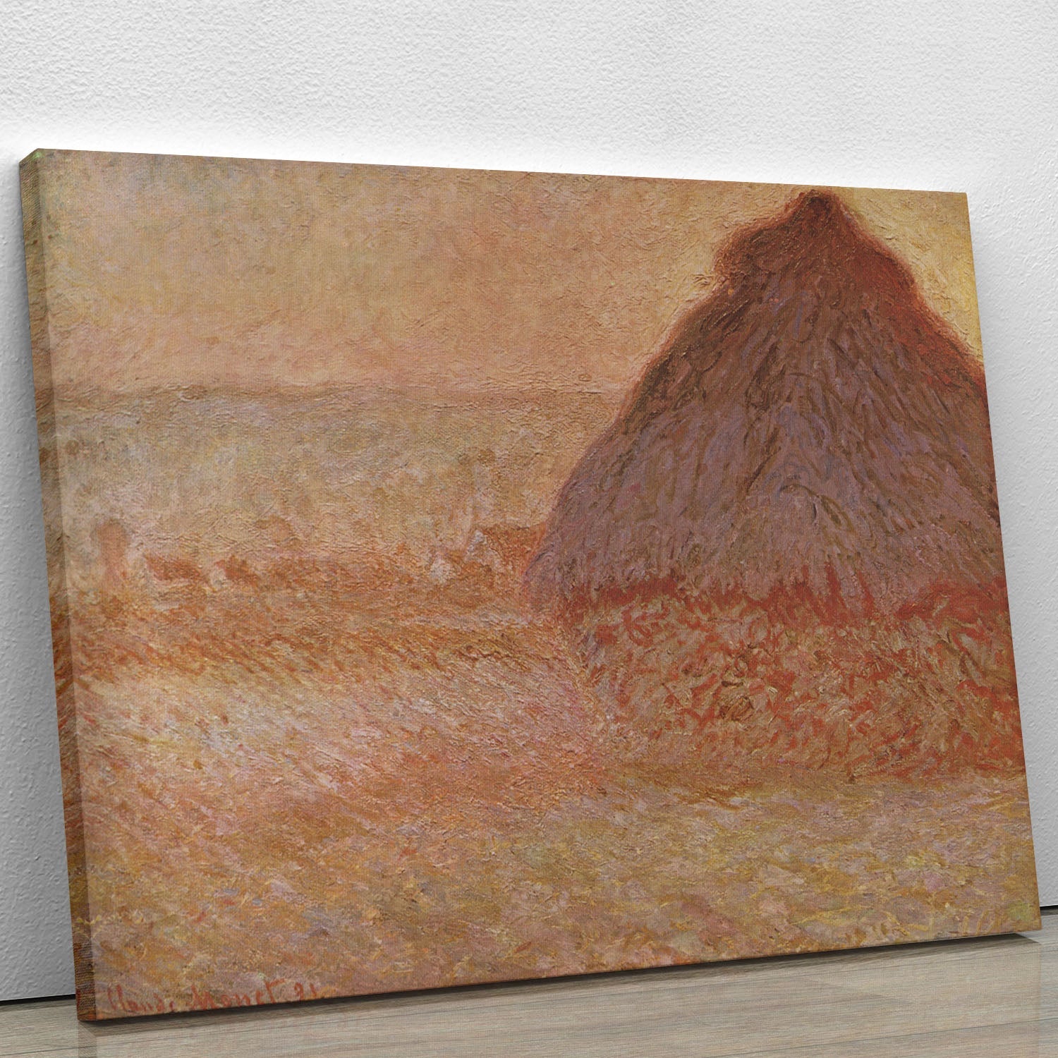 Canvas print of Haystacks at Sunset by Monet, showcasing vibrant colors and Impressionist style, perfect for home decor.