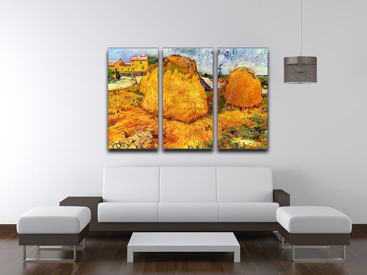 A stunning 3-panel canvas print featuring Van Gogh's Haystacks in Provence, showcasing vibrant colors and intricate details.