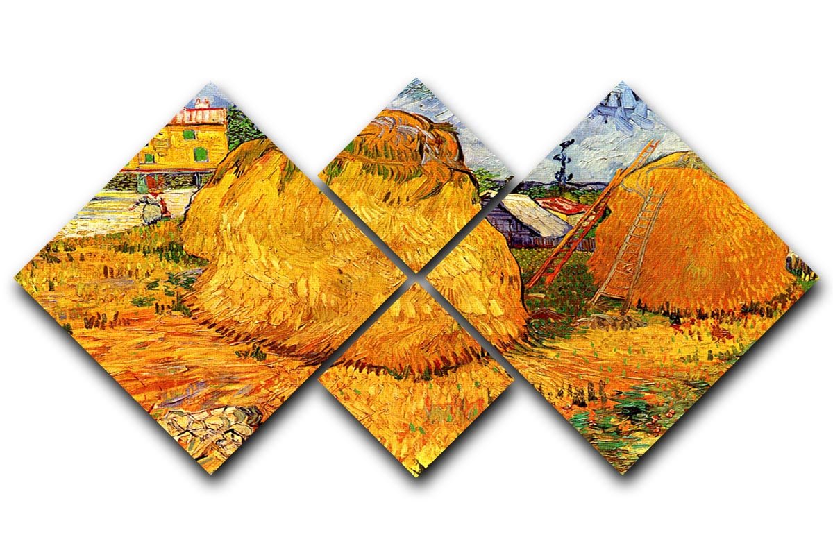 A beautiful 4-square multi-panel canvas featuring Van Gogh's Haystacks in Provence, showcasing vibrant colors and dynamic brushstrokes.