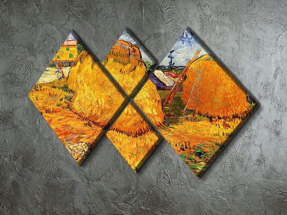 A beautiful 4-square multi-panel canvas featuring Van Gogh's Haystacks in Provence, showcasing vibrant colors and dynamic brushstrokes.