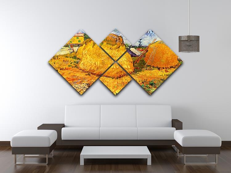 A beautiful 4-square multi-panel canvas featuring Van Gogh's Haystacks in Provence, showcasing vibrant colors and dynamic brushstrokes.