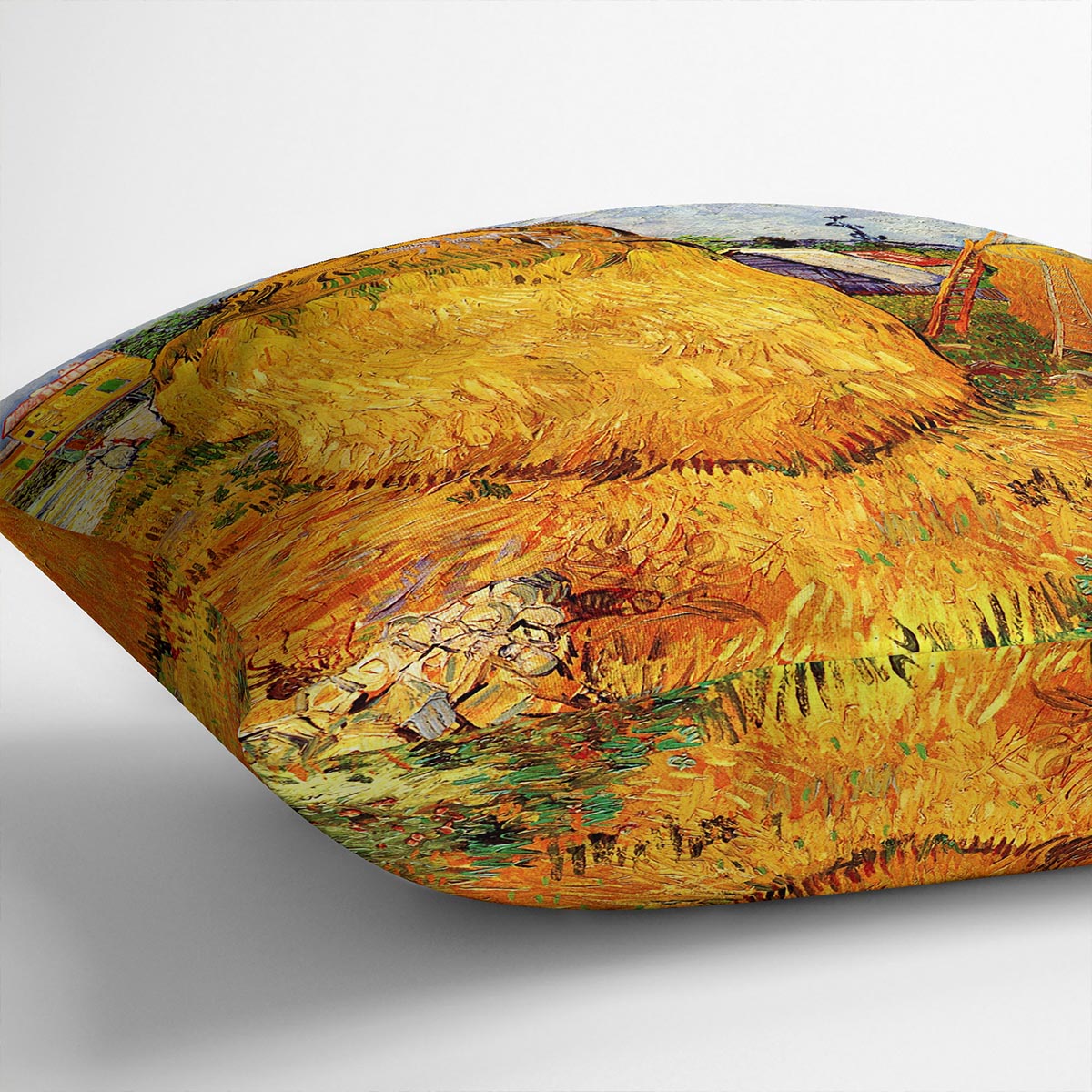 Haystacks in Provence by Van Gogh Cushion featuring vibrant colors and luxurious vegan faux suede material, perfect for home decor.