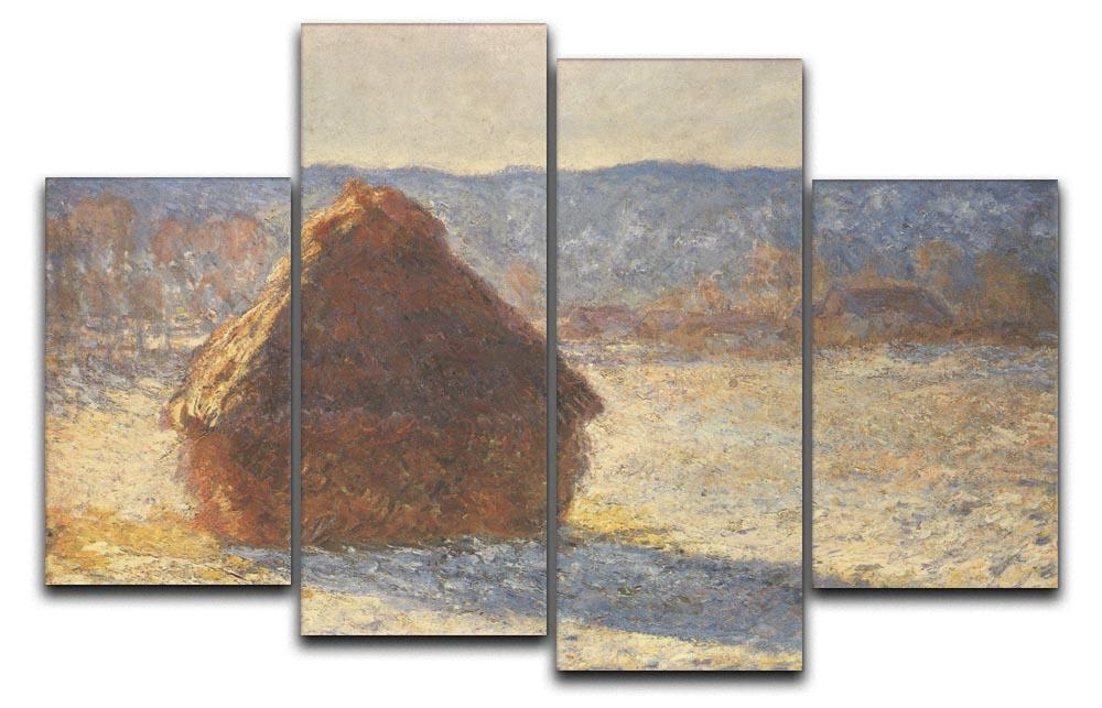 4-split canvas artwork of Haystacks Snow Morning by Monet, showcasing winter scenery in four panels.