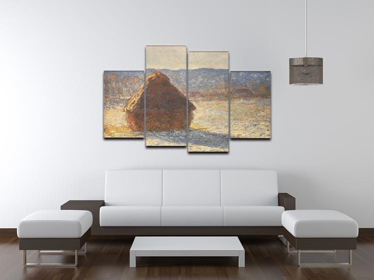 4-split canvas artwork of Haystacks Snow Morning by Monet, showcasing winter scenery in four panels.