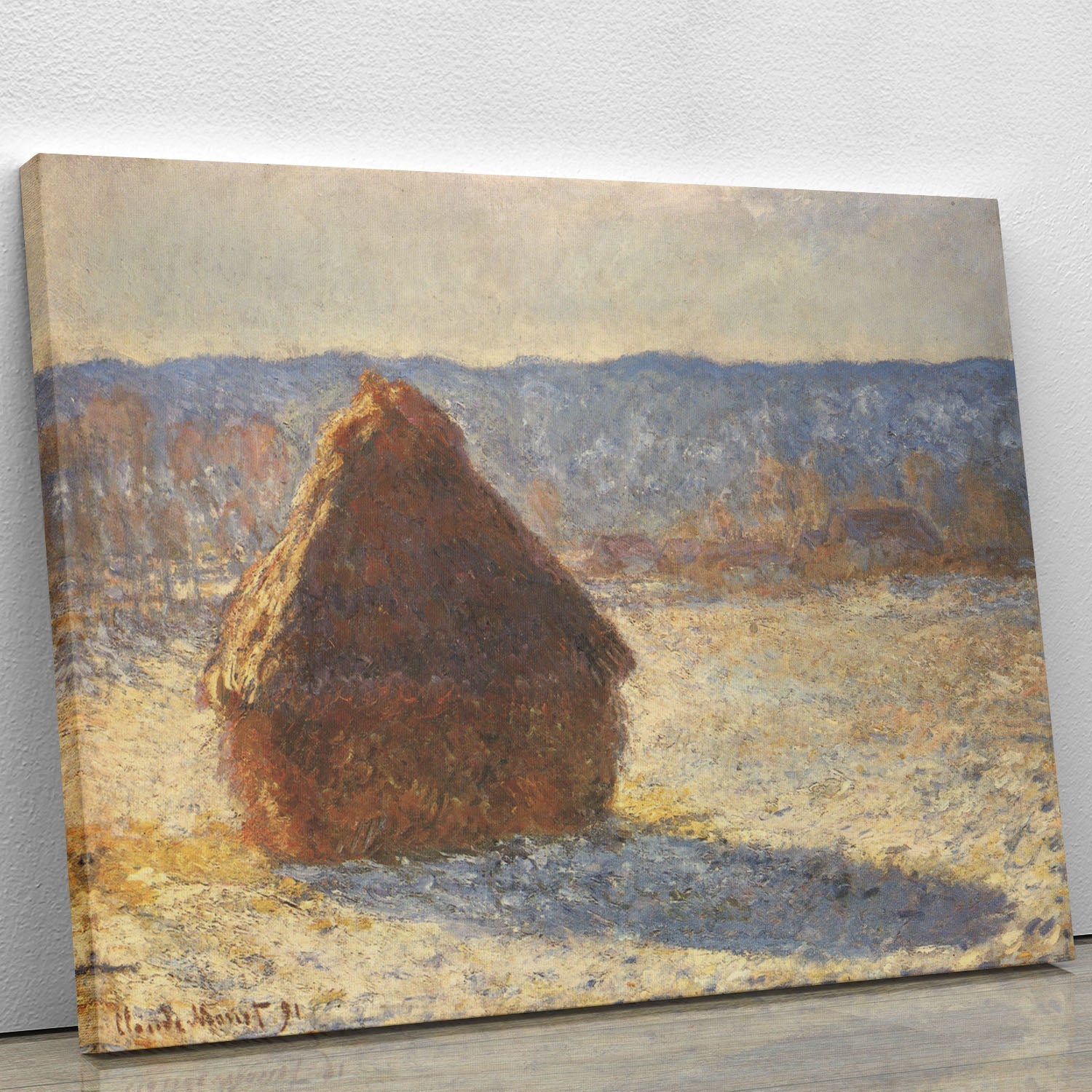 Canvas print of Haystacks Snow Morning by Monet, showcasing serene winter landscape with soft colors and intricate brushwork.