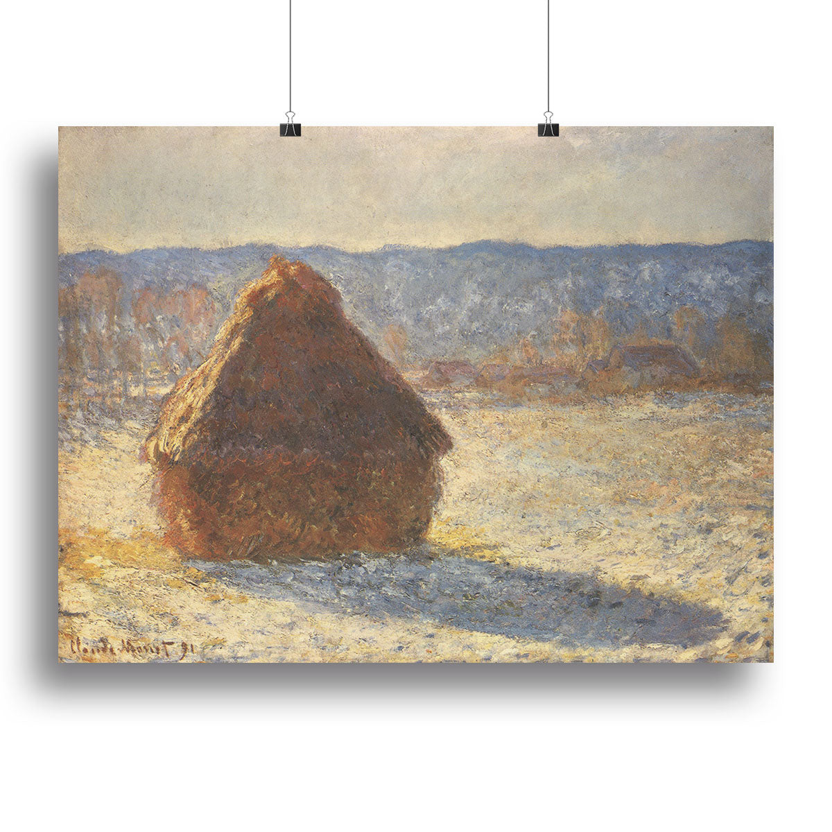 Canvas print of Haystacks Snow Morning by Monet, showcasing serene winter landscape with soft colors and intricate brushwork.