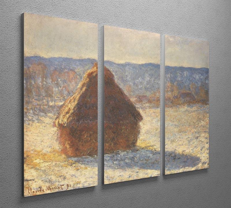 Three-panel canvas print of Monet's Haystacks Snow Morning, showcasing a serene winter landscape with soft colors.