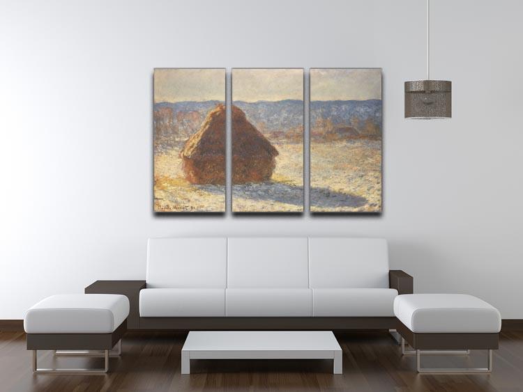 Three-panel canvas print of Monet's Haystacks Snow Morning, showcasing a serene winter landscape with soft colors.