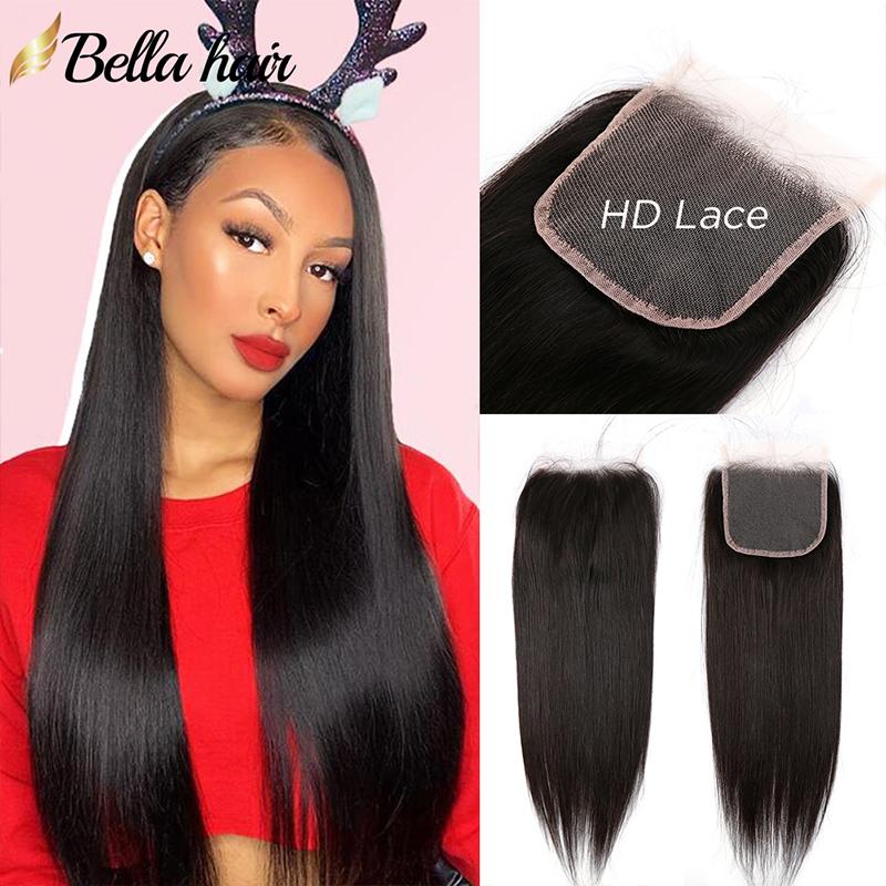 HD Top Lace Closure made from 100% Virgin Human Hair in natural black color, showcasing its straight style and 4x4 lace base.