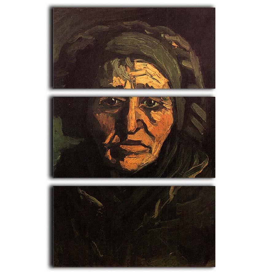 Three-panel canvas art featuring Van Gogh's Head of a Peasant Woman with Greenish Lace Cap, showcasing vibrant colors and intricate details.