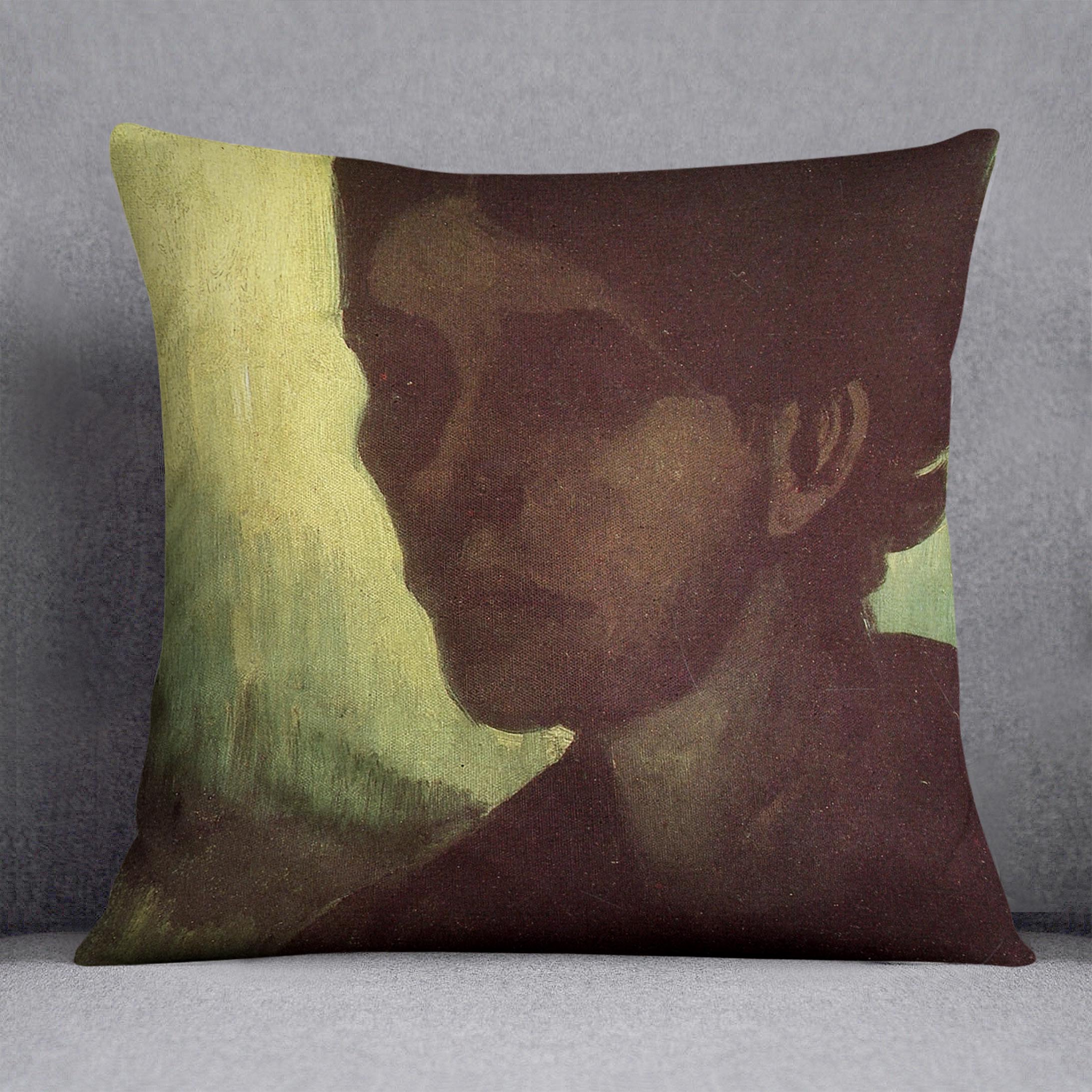 Cushion featuring Van Gogh's Head of a Young Peasant Woman with Dark Cap design on luxurious vegan faux suede.