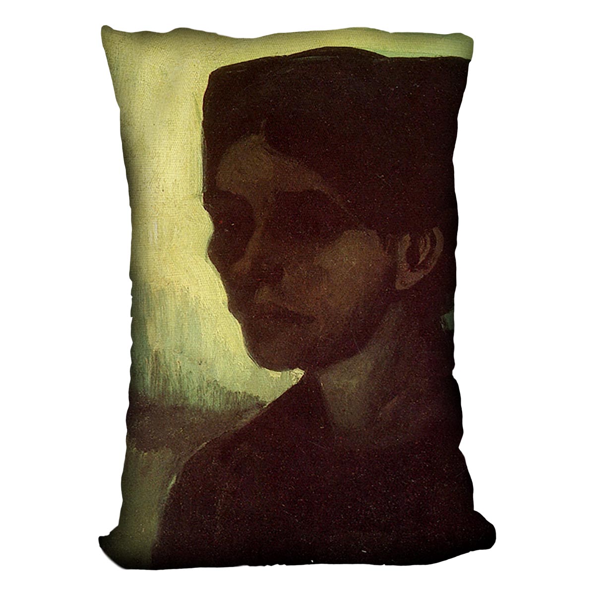 Cushion featuring Van Gogh's Head of a Young Peasant Woman with Dark Cap design on luxurious vegan faux suede.