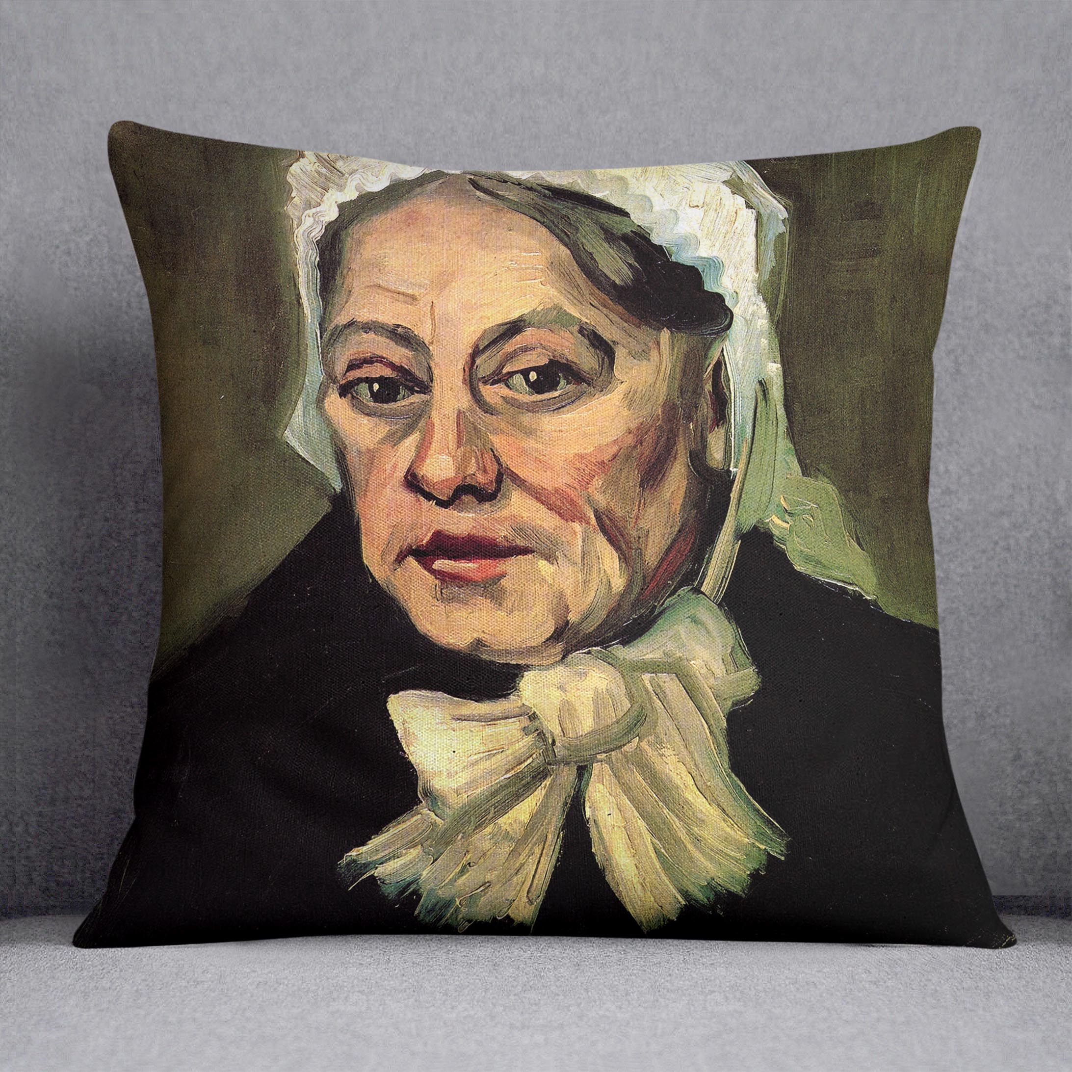 Cushion featuring Van Gogh's Head of an Old Woman with White Cap design, made from soft vegan faux suede.